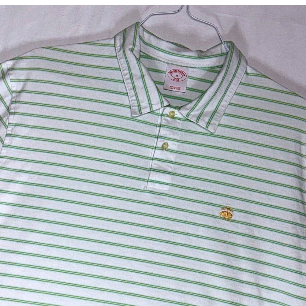 Brooks Brothers 346 Mens XL Polo Shirt Striped Green White Short Sleeve Cotton